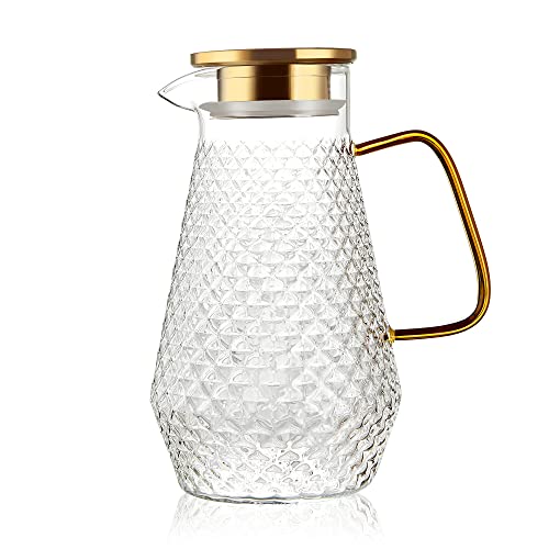 OTARTU Glass Pitcher,50oz/1.5 Liter Water Pitcher with S.S. Lid, Beverage Serveware, Iced Tea Jug,Water Carafe with Handle,Heat Resistant. Refrigerator Usable.