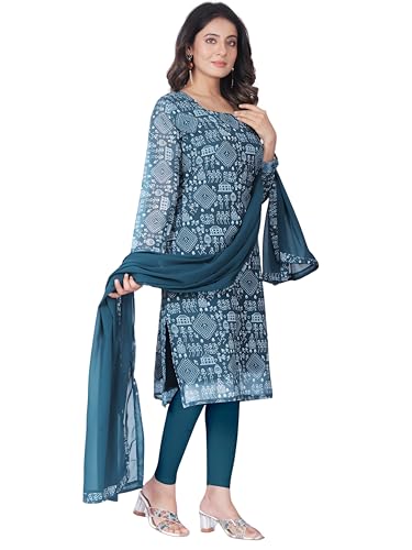 Image of Women's Printed Kurti with Georgette Dupatta, Full Inner Lining, Lightweight Ethnic Set