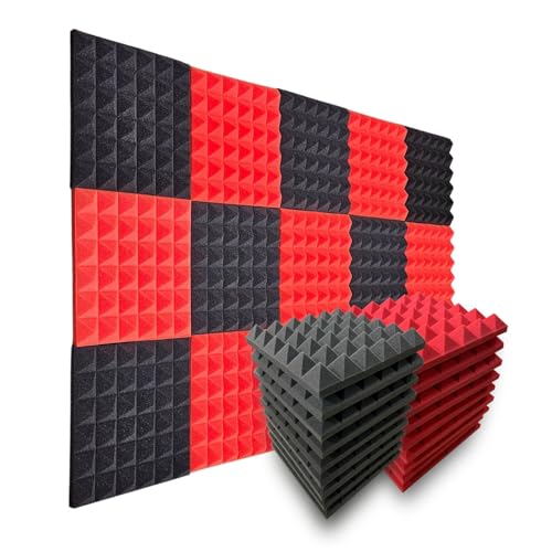 Image of MMT Acoustix 126Pc Pyramid Acoustic Foam, ProStudio Sound Setup, Soundproofing Noise Reduction Acoustic Panels | 1x1Ft 2 inch Thick, Charcoal + Red Color