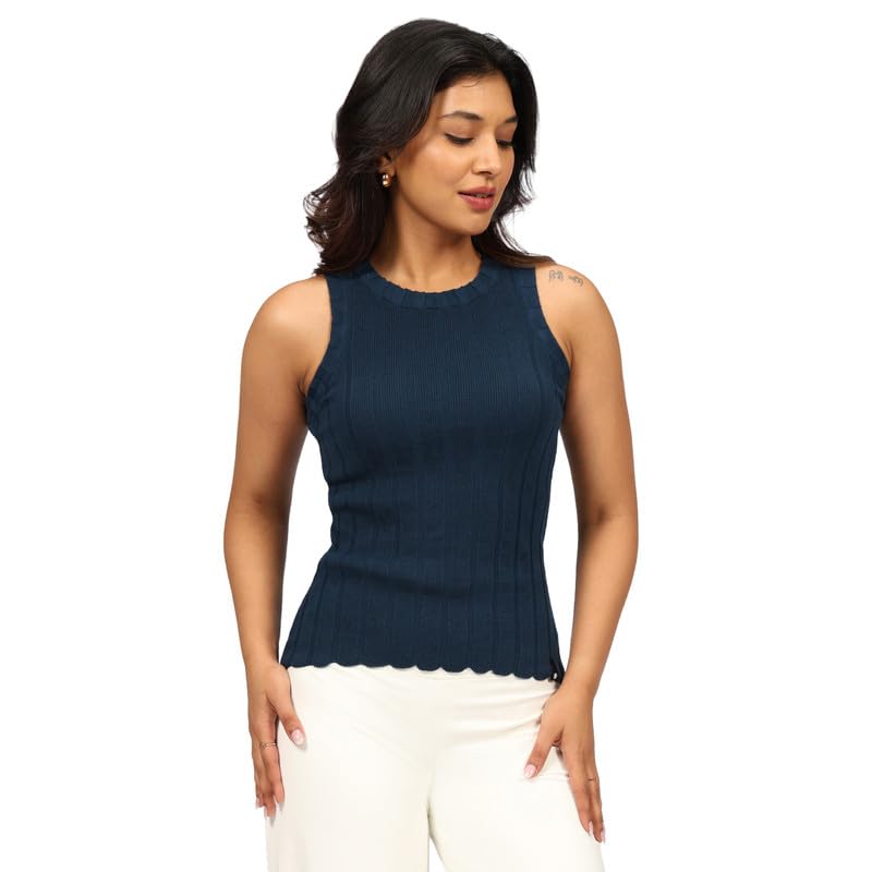 Image of BlissClub Move All Day Rib Tank Top | 100% Cotton | High Neck | Ribbed Fabric | Snug fit | Breathable