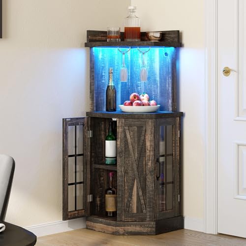 YITAHOME 53" Farmhouse Corner Wine Bar Cabinet 4-Tiers Liquor Cabinets with LED Lights and Glass Door and Glass Holder for Home Kitchen and Living Room, Dark Rustic Oak Rustic Dark Oak 4-Tie