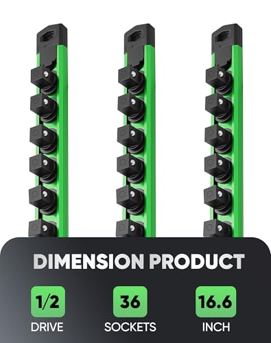 Image of ALOANES Magnetic Socket Organizer Set, 3-Piece Heavy Duty Aluminum Socket Rails, 360 Swivel Clips Socket Rail Kit for Tool Tray Drawer Fit 1 /2-Inch x 36 Clips (Green, 3PC)
