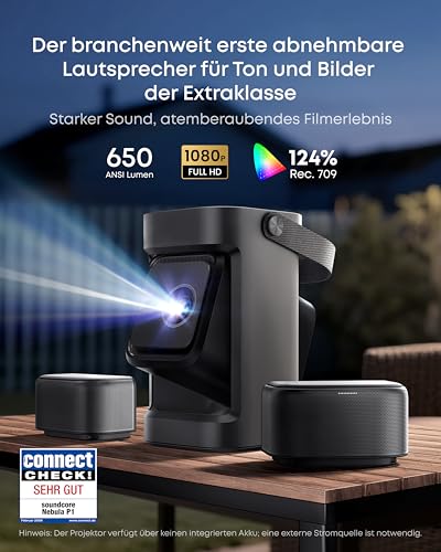 soundcore Nebula P1｜Beamer klein mit abnehmbarem Lautsprecher und integriertem AV-System, 650 ANSI Lumen, 1080p, 2.0 Surround Sound, Dolby Audio, 130°-Gimbal, Auto Kalibrierung, max. 180, Google TV