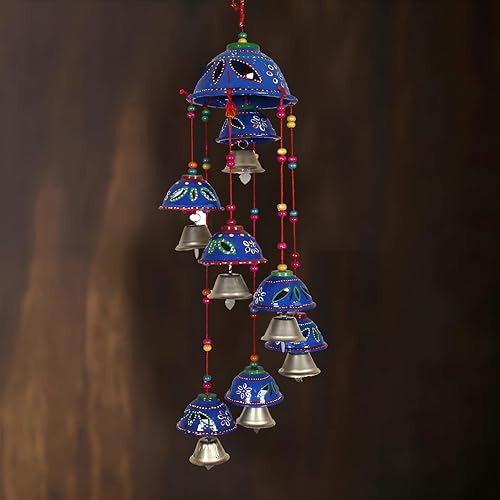 Image of Kuber Industries Rajasthani Design Handcrafted Hanging Windchimes|Latkan with 8 Bells for Home Decor & Positive Energy,Pack of 2 (Blue), Plastic