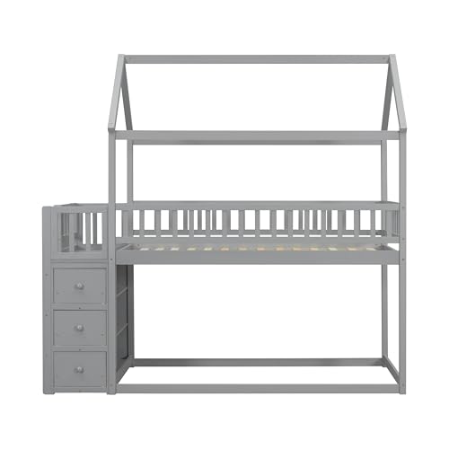 Image of Bellemave Bunk beds Twin Over Twin Size with Drawers and Shelves Storage, Floor bunk Bed,Gray
