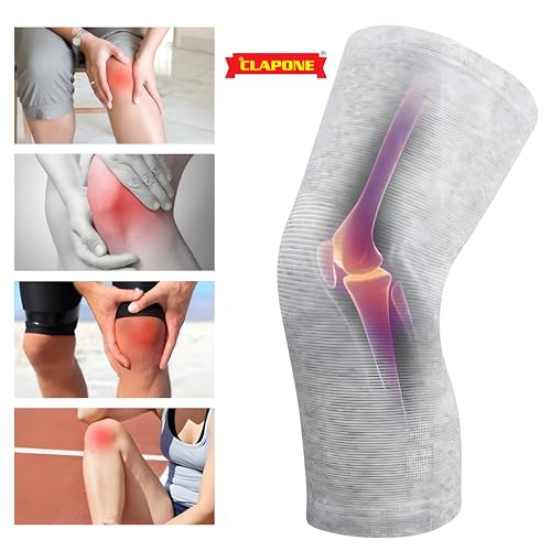 Image of CLAPONE Knee Warmers, Long Cotton Knee Sleeves - For Women, Men, Circulation Improvement and Joint Pain Relief for Arthritis Knees, Knitted Binchotan Yarn, Thick, One Pair (Gray, XL).