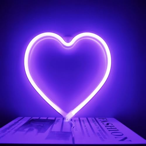 HFHungkeong Plaque néon LED en forme de cœur - Décoration de chambre de fille - Violet - Décoration de chambre à coucher - Fonctionne avec USB ou piles -...