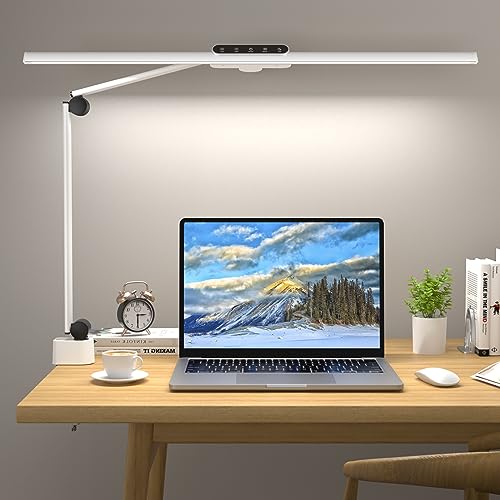 Kary LED Schreibtischlampe dimmbar, Faltbar Desk Lamp 80cm 18W 1500Lumen Architektenlampe klemmbar, Tischlampe für Arbeit, Büro, Auto Dimming 5 Farbtemperaturen Helligkeitsstufen,Touch Control,weiß
