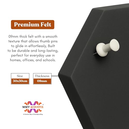 Image of MMT Acoustix PinFelt Hexagon Bulletin Board - Set of 7 12x12 inch Felt Office Pin Board Tiles for Notes Reminders & Work Organisation Self-Adhesive, Pin-Friendly, Acoustic Panels for Wall (Ash)