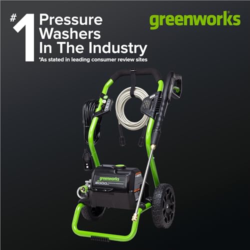 Image of Greenworks 2000 PSI (1.1 GPM Max) Electric Power Washer (25, 40, Soap Nozzle) For Use On Decks, Fences, Concrete Patios, Sidewalks & More. Medium-Duty