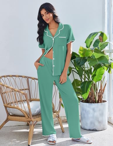 Image of Ekouaer Pajamas for Women Set Button Up Soft Pjs Short Sleeve 2 Piece Lounge Sets Comfy Sleepwear