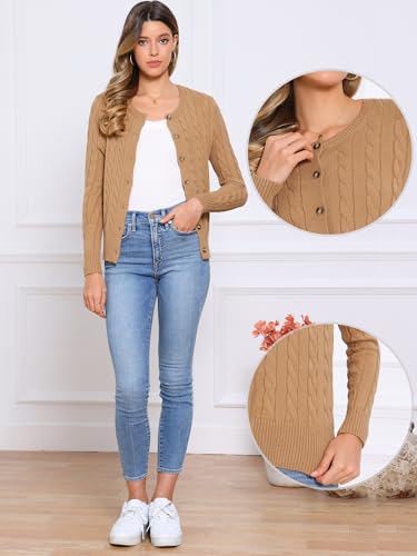 Allegra K Cardigan Sweater for Women's Cable Knit Button Down Long Sleeve Crew Neck Casual Coats2