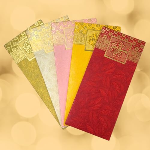 Image of Pack of 100, Rectangle Shape Metallic Paper Shagun Envelopes for Gifting Sagan Lifafa Wedding Occasion Cash Money, 18 X 8 cm, Multicolored 5 Colours of 20 Each - Gold Tree Design
