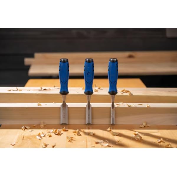 Wood Chisel Set with Chrome Vanadium Steel Blades, 1/2-1 inch, 3-Piece, Blue