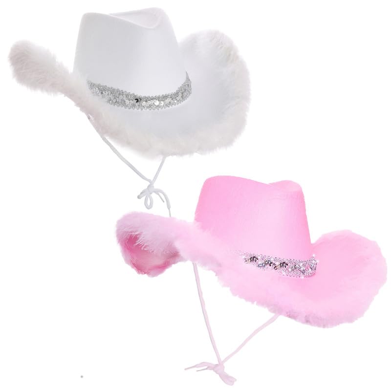 My Illusions 2 Pack Cowgirl Hats Western-Themed Hen Night Fancy Dress Ladies Festival Cowboy Costume Accessories (White & Pink Feather)