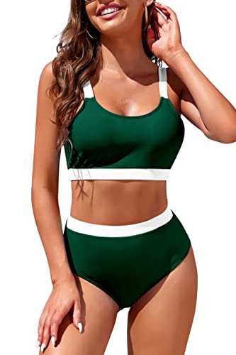 Image of Womens High Waisted Bikini Sets Sporty Crop Top Color Block Swimwear Bandeau Scoop Neck Vintage Two Piece Bathing Suits