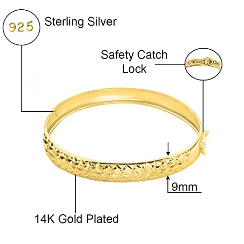 Savlano 925 Sterling Silver 9MM Diamond Cut Bangle Bracelet - 14K Gold Plated 7.5” inch Bracelet for Women Comes with Gift Box - Made in Italy3