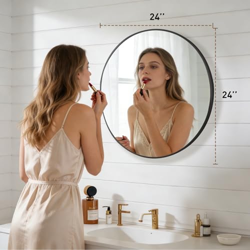 Image of NEWBULIG Round Bathroom Mirror for Over Sink, 24 Inch Wall Mount Vanity Circle Mirror with Matte Metal Framed, Decor for Bathroom, Entryway, Bedroom, Black