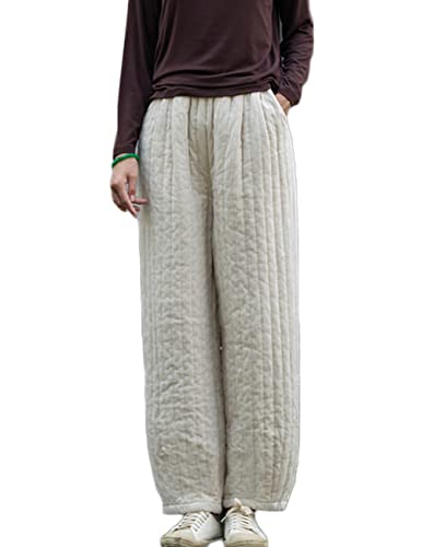NFYM Women Winter Thick Pants Warm Quilted Cotton Linen Elastic Waist Wide Leg Capris Trousers