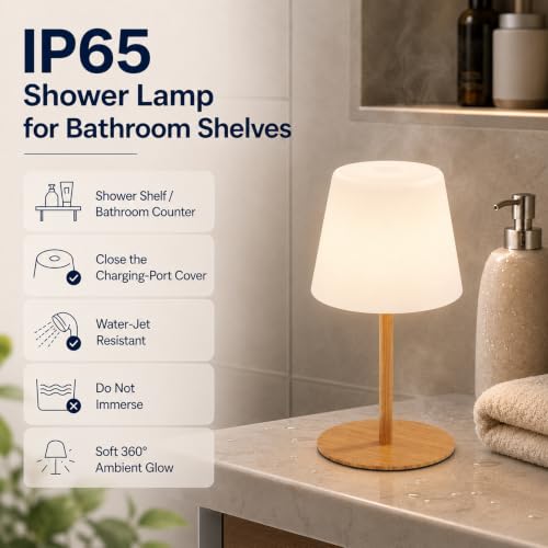 Image of IP65 Waterproof Shower Lamp, Cordless Rechargeable Table Lamp, Wood Grain