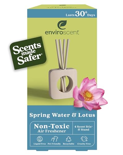 Enviroscent Non-Toxic Air Freshener for Home | Liquid Free Diffuser | Home Fragrance Lasts Over 30 Days | Kit includes 1 Mango Wood Stand & 1 Scent Stix Refill (Spring Water & Lotus)