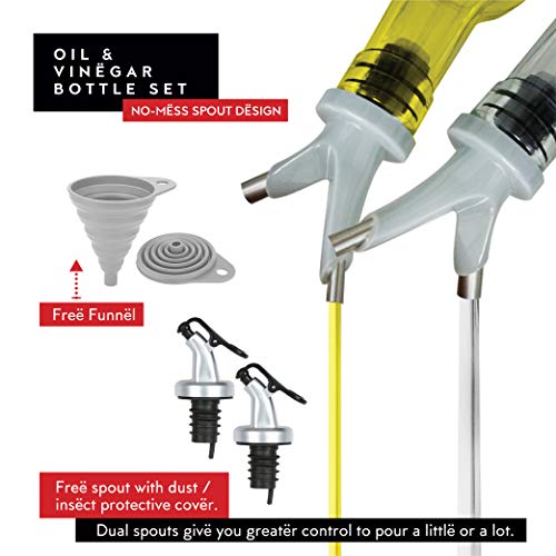 DWËLLZA KITCHEN Oil and Vinegar Dispenser Set - Olive Oil Dispenser Bottles for Kitchen - with Two Extra Drip Free Spouts and Funnel - 17 Oz 500 ML Glass Bottle Containers with Stainless Steel Rack