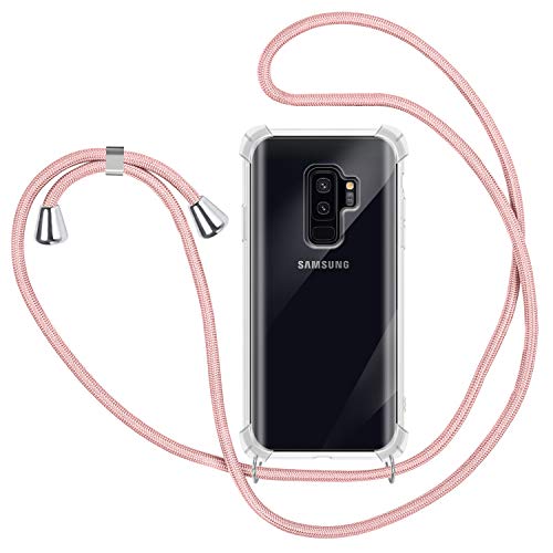 Funda con Cuerda para Samsung Galaxy S9 Plus, Carcasa Transparente TPU Suave Silicona Case con Correa Colgante Ajustable Collar Correa de Cuello Cadena Cordón para Samsung Galaxy S9 Plus - Oro Rosa