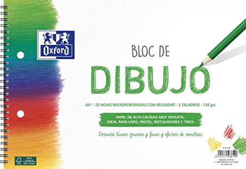 Oxford Bloc desenho A4 tampa macia/contracapa rígida 20 folhas 130 g com moldura, 2 brocas e espiral