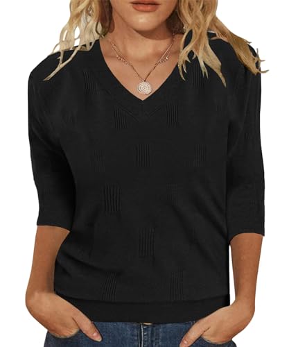 Womens Sweaters 3/4 Sleeve Tops V Neck Shirts Loose Casual Tunic Blouses