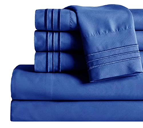 Image of Mocassi Bed Sheet Set - Luxury Hotel 1800 Premier Bedding Sheets & Pillowcases - Ultra Soft Breathable & Cooling Bed Sheets - Deep Pocket - Wrinkle Resistant - 6 Piece - Cali King, Imperial Blue