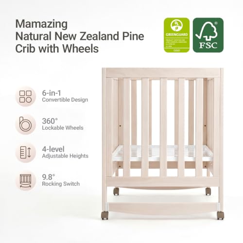 Image of MAMAZING EvoNest 6-in-1 Convertible Baby Mini Crib with Wheels | GREENGUARD Gold Certified, New Zealand Pine Wood, 4 Adjustable Heights, Rocking Mode, Small Spaces Design, Washed Natural