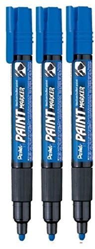 Pentel Blue Permanent Paint Marker Pen Colour Paint Pens Metal Plastic Stone Wood Mirrors 4mm Bullet Nib Tip 2.5mm - 2.9mm Line Width Cellulose Based Opaque Pigment Ink MMP20-CO (Pack Of 3)