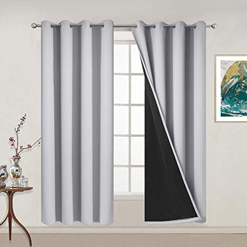 Image of Yakamok 100% Blackout Lined Panels, Thermal Insulated Blackout Curtains for Bedroom, Heat Blocking Drapes for Living Room(52Wx63L, Light Grey, 2 Panels)