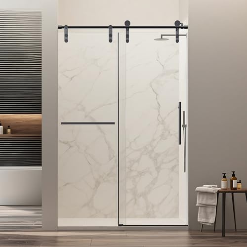 Image of 46-48 inch W x 76 inch H Frameless Sliding Shower Door, Safety Bathroom Single Sliding Glass Doors with 5 /16 inch (8mm) SGCC Tempered Glass, Stainless Steel Towel Rail and Auxiliary Handle, Matte Black