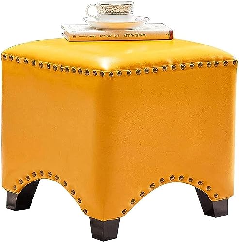 QYMYOZ Taburete otomano de Cuero Amarillo, Banco Zapatero de Madera Maciza, Elegante reposapiés Cuadrado para Sala de Estar y decoración del hogar, solución de Asiento Duradera