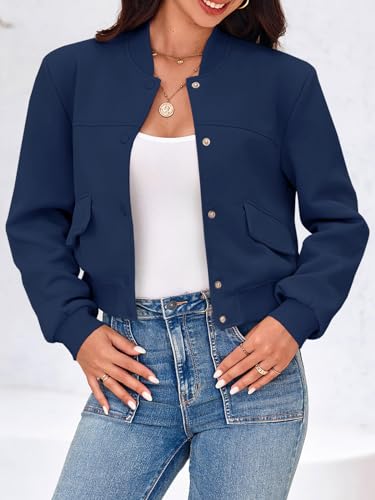 Image of Tankaneo Womens Cropped Bomber Jackets Casual Button Down Long Sleeve Stand Collar Varsity Shacket Coats