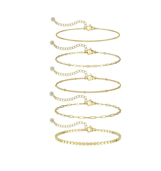 Gold Bracelets for Women Trendy, Dainty 14K Gold Plated Bracelet Stack Beaded Chain Bracelet Set Thin Small Cute Paperclip Bracelets Fashion Waterproof Jewelry Gift Gold Accessories for Women