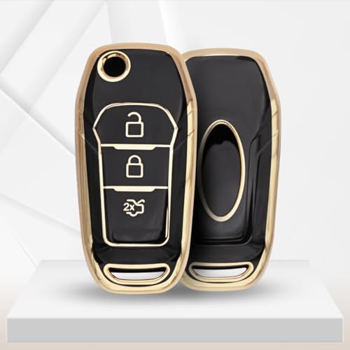 Image of KEYCEPT Gold Line TPU Key Cover Compatible for Ford Figo | Aspire | Endeavour | 3 Button Flip Key with Keychain. (Type 2, Black)