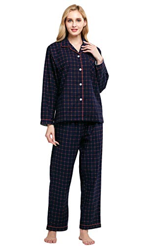 TONY & CANDICE Women's 100% Cotton Long Sleeve Flannel Pajama Set Sleepwear (Medium, Navy Blue Plaid)