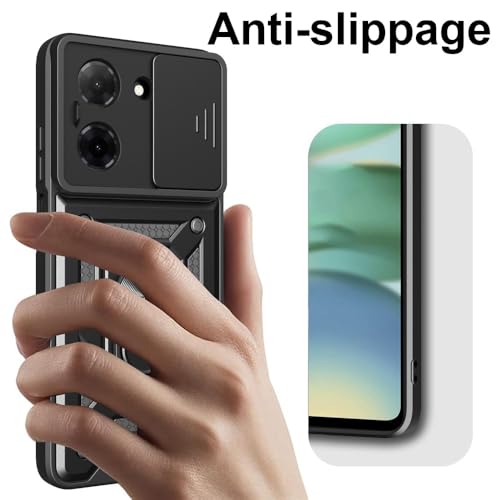 Image of Casodon Heavy Duty Back Case Cover for Tecno Pop 10 5G, Shockproof Tecno Pop 10 Back Cover, Ring Case with Kickstand and Camera Protection Shutter - Black