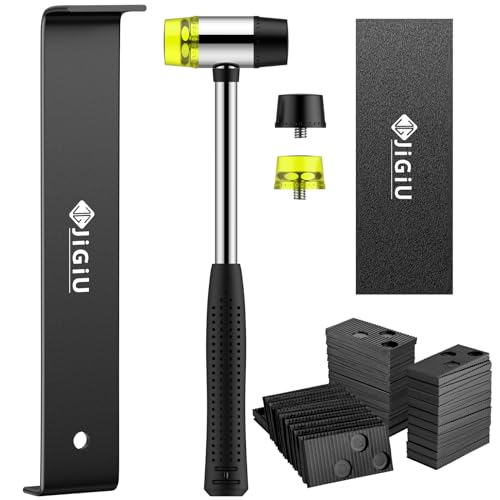 JiGiU Kit de Herramientas Para Pisos Laminados Instalación Madera con 60 Separadores Para Pisos Laminados, Martillo de Goma (30 mm), Gancho de Rebote de Acero al Manganeso, Bloque de Impacto Sólido