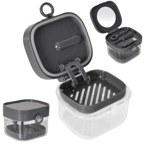 Caja de Prótesis,Caja Aparato Dental con Colador,Caja Portátil para Prótesis Dentales, con Espejo, Herramienta para Quitar Alineadores y Cepillo Pequeño,para Almacenamiento e Inmersión (Gris)