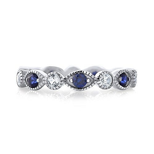Gem Stone King Wedding Stackable Eternity Band Ring For Women | White and Blue Created Sapphire Ring | 925 Sterling Silver | 0.70 Cttw | Available In Size 5, 6, 7, 8, 93