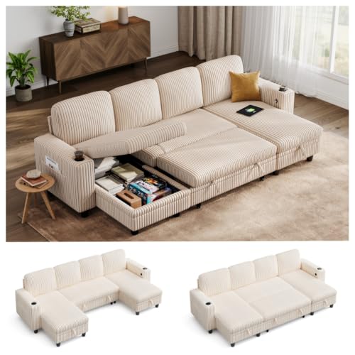Image of LINSY HOME Modular Sectional Sofa Bed, U Shaped Sleeper Sofa Couch with Storage Chaise, Corduroy Sectional Couches for Living Room, Versatile Armrest, 4 Seats, Beige, 106 inch W x 55 inch D x 34 inch H