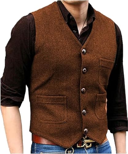 Yarizm Mens Vintage Wool Suit Vest V Neck Herringbone Waistcoat for Wedding Groomsmen3