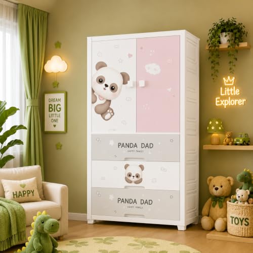 Image of Kids Plastic Wardrobe for Clothes Storage | Baby Cupboard & Almirah with Hanging Rod & Shelves | Portable Collapsible Storage Cabinet for Bedroom | Cartoon Kids Wardrobe