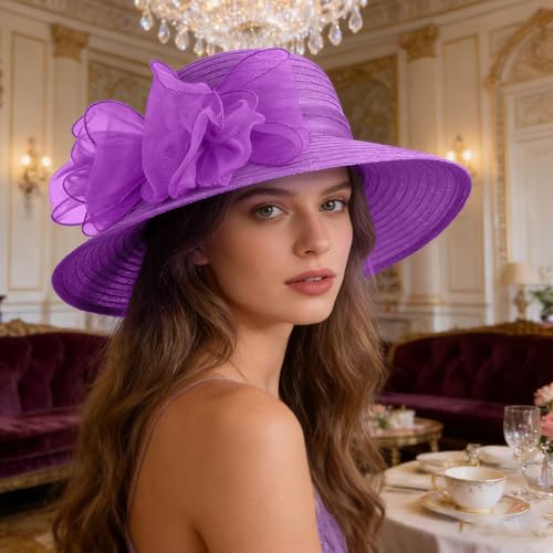 Image of DRESHOW Lady Derby Dress Church Bowler Cloche Hat Bowknot Organza Bridal Cap for Wedding