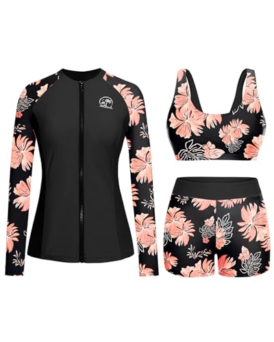 Holipick Orange Floral Long Sleeve Swimsuits for Women - 3 Piece Rash Guard with Shorts Zipper SPF Swim Shirt with Built in Bra L