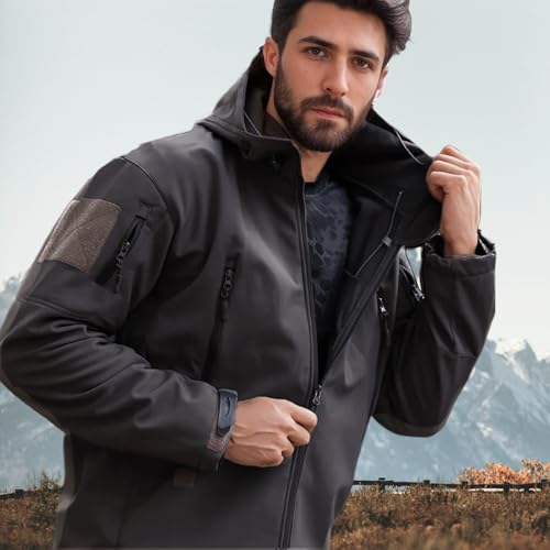 Image of Men's Tactical Fleece Lined Jacket Softshell Military Hooded 7 Pockets Windproof Outdoor Work Rain Coats Grey S
