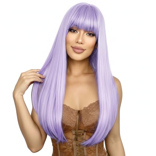 SUKRI Light PurPle Wigs with Bangs Long Straight Purple Wigs for Women Heat Resistant Synthetic Hair for Girls Cosplay Party Halloween Daily Use 22 Inch